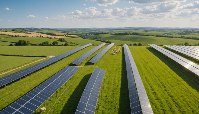 Troupeau de moutons broutant sous des panneaux photovoltaïques dans une campagne française