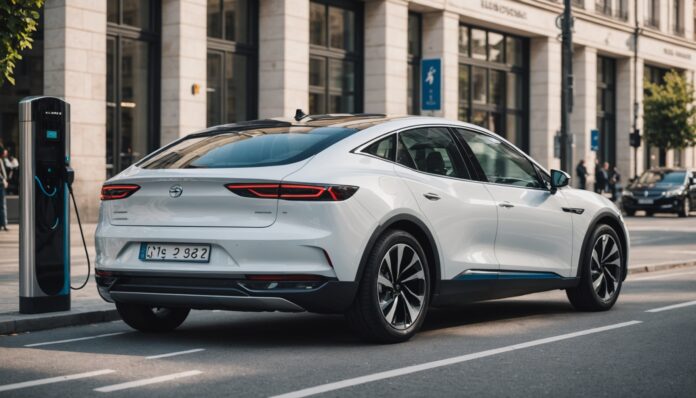 Voiture électrique branchée à une borne de recharge rapide dans une rue européenne en 2026
