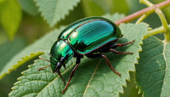 Scarabée japonais Popillia japonica posé sur une feuille de vigne verte