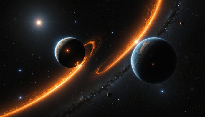 Illustration d'une microlentille gravitationnelle révélant une exoplanète autour d'une naine orange