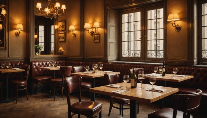 Interieur chaleureux d un bistrot francais avec tables en bois