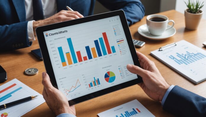 Illustration d'un investisseur consultant des graphiques financiers en hausse