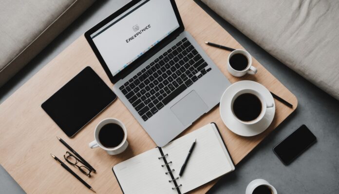 Bureau minimaliste avec ordinateur portable, carnet et cafe, symbole du travail independant en France