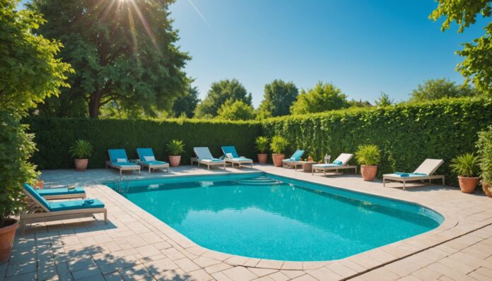 Piscine privée ensoleillée avec transats, louée entre particuliers pour un revenu complémentaire