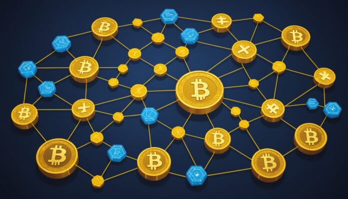 Illustration d'un réseau blockchain associé à des symboles fiscaux européens