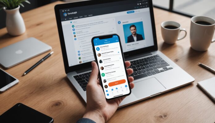 Écran de smartphone affichant une recherche et des icônes de réseaux sociaux avec une bulle de conversation IA