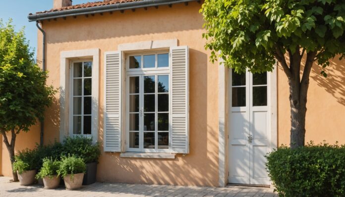 Maison avec volets fermés et terrasse ombragée en période de canicule, confort d'été immobilier