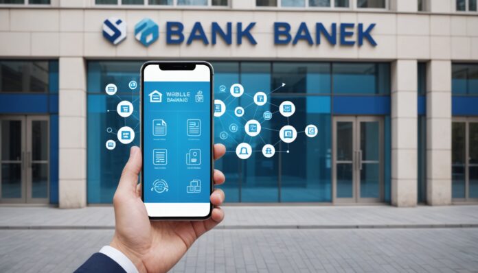 Illustration d'une agence bancaire moderne avec services de banque mobile