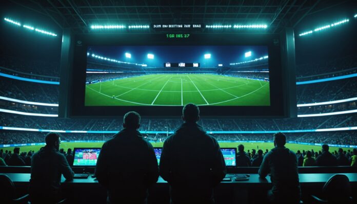 Stade de football de nuit avec écran géant affichant des cotes de paris sportifs