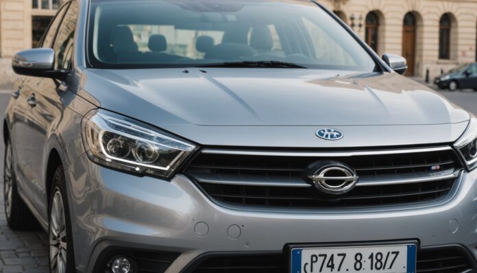 Voiture familiale garée devant une mairie française, plaque d'immatriculation au premier plan