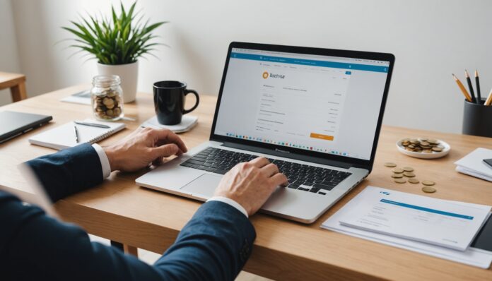 Freelance travaillant sur ordinateur portable, facturation électronique et revenus en ligne