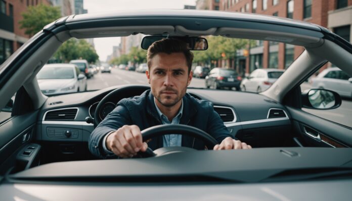 Chauffeur VTC au volant de sa voiture en ville, illustration de la reforme de l'acces a la profession