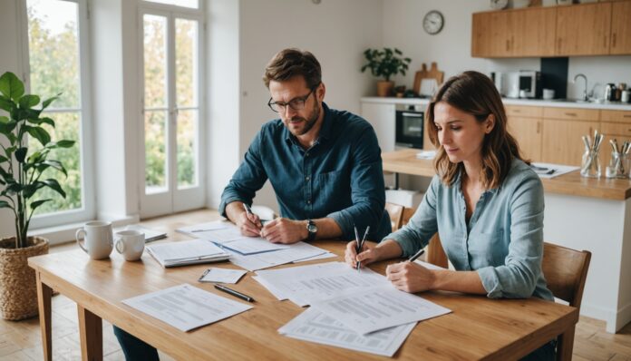 Couple examinant des documents d'assurance de prêt immobilier à la maison