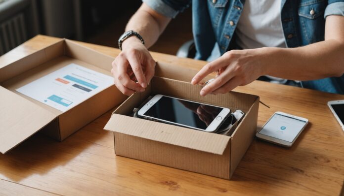 Personne emballant des vêtements d'occasion à vendre en ligne