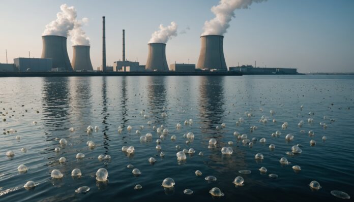 Méduses envahissant une station de pompage d'eau de mer, centrale nucléaire en arrière-plan