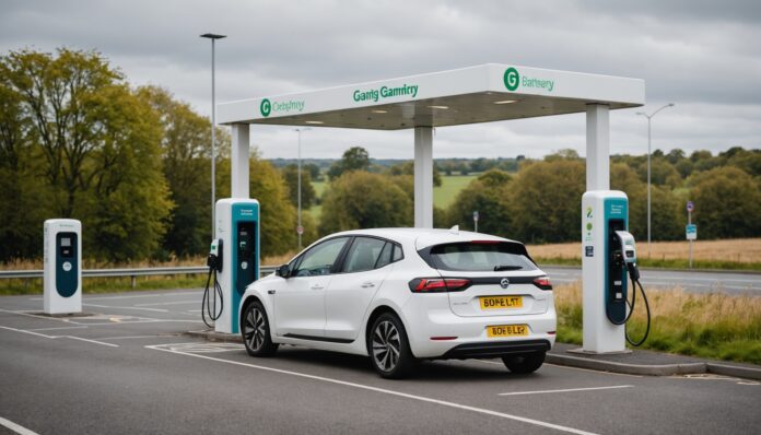 Voiture électrique en charge sur une aire routière au Royaume-Uni