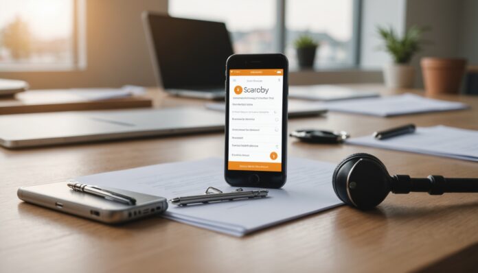 Smartphone avec appel entrant filtré, ambiance bureau immobilier, illustration du consentement préalable obligatoire