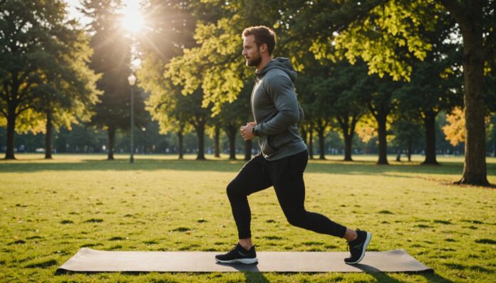 Personne marchant en extérieur puis faisant un exercice de renforcement musculaire