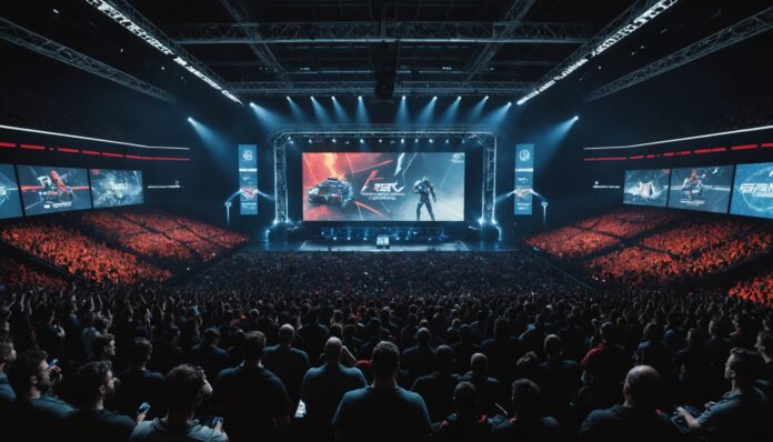 Arène esport bondée avec écrans géants lors d'un tournoi de jeu vidéo compétitif