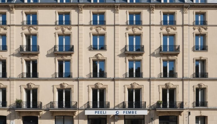 Façade d'immeuble résidentiel en France avec annonces à louer