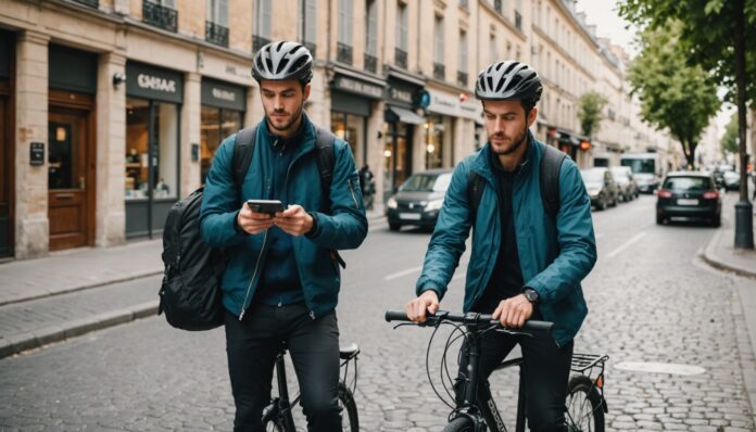 Livreur à vélo consultant une application de plateforme numérique en France