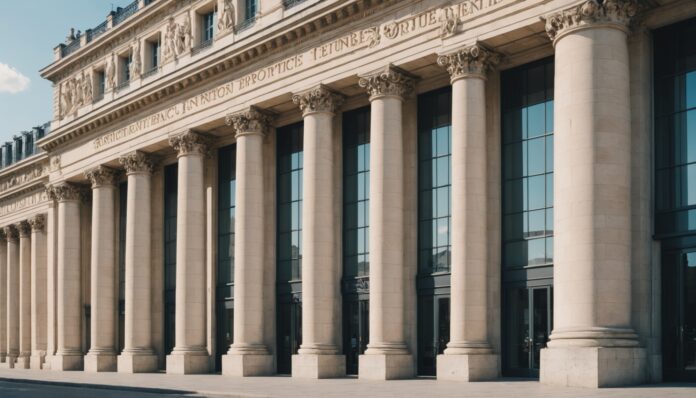 Façade d'un bâtiment institutionnel français symbolisant la simplification administrative pour les entreprises