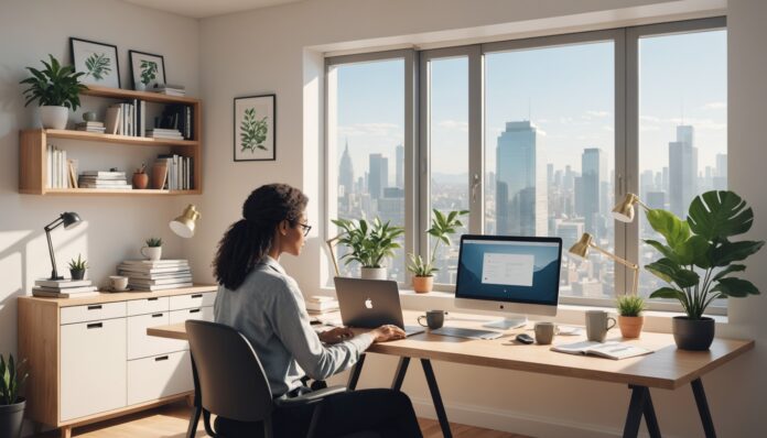 Illustration d'une personne en télétravail chez elle, symbolisant l'équilibre entre travail et santé