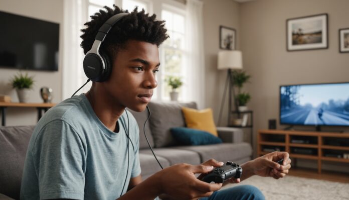 Adolescent jouant à un jeu vidéo en ligne multijoueur avec un casque audio, supervision parentale en arrière-plan