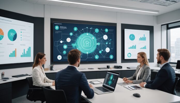 Équipe de marketing digital vérifiant la conformité d'une campagne publicitaire générée par IA sur un écran