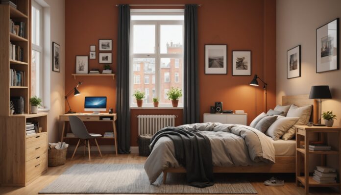 Petit studio étudiant meublé avec bureau, lit et lumière naturelle par la fenêtre