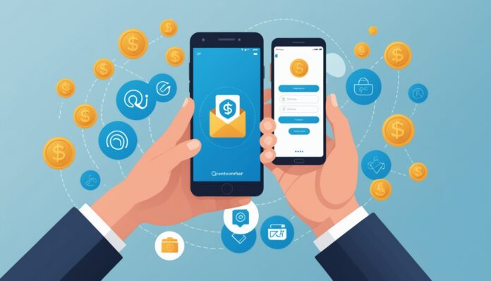 Illustration d'une application bancaire mobile avec icône de parrainage et pièces
