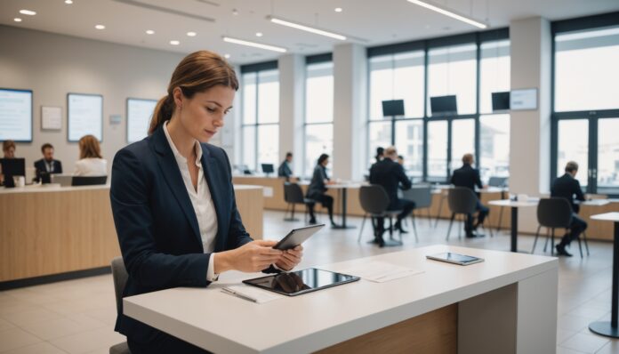 Client consultant ses frais bancaires sur une tablette dans une agence bancaire moderne
