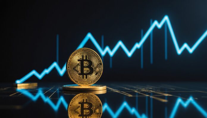Pièce de bitcoin dorée avec courbe de tendance haussière en arrière-plan