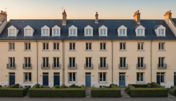 Immeuble d'appartements et maison individuelle côte à côte, marché immobilier ancien en France