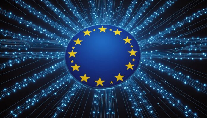 Illustration du drapeau européen fusionné avec un réseau numérique symbolisant la régulation de l'intelligence artificielle