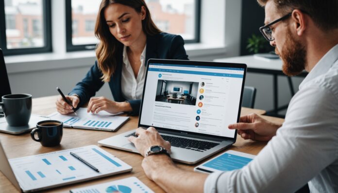 Equipe marketing consultant un contrat de partenariat influenceur sur ordinateur