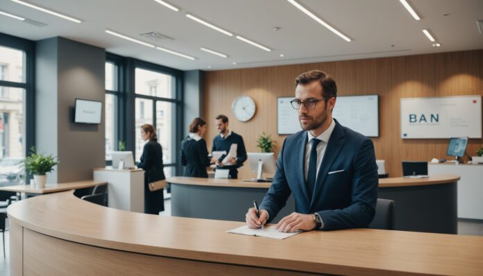 Conseiller bancaire échangeant avec un client dans une agence