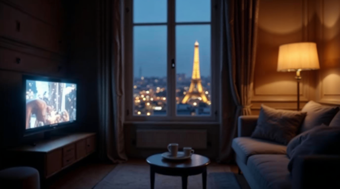Salon parisien la nuit avec TV affichant une scene de film floutee