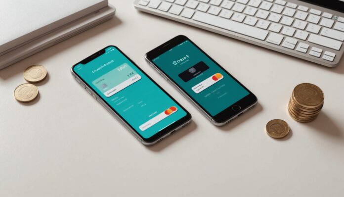 Illustration d'un paiement en plusieurs fois avec smartphone, carte bancaire et pièces en euros