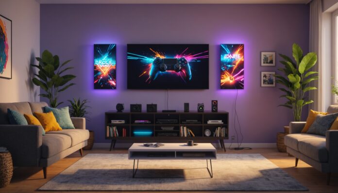 Console de jeux vidéo et manette devant un écran lumineux aux couleurs vives
