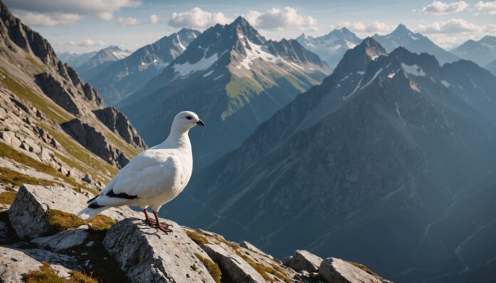 Lagopède alpin sur une crête rocheuse dans les Alpes