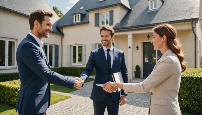 Agent immobilier indépendant serrant la main de clients devant une maison à vendre