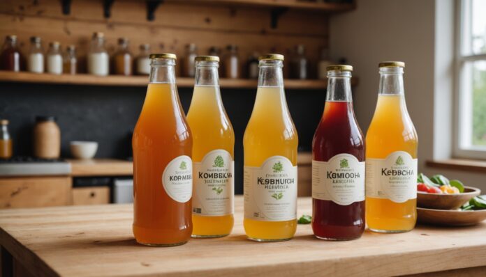 Bouteilles de boissons fermentées kombucha et kéfir posées sur un plan de travail en bois