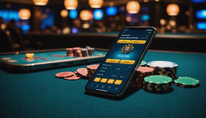 Smartphone affichant une application de paris sportifs ou de poker en ligne, ambiance casino en arrière-plan