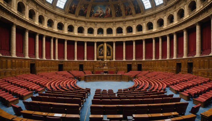 Hémicycle de l'Assemblée nationale française, illustration du calendrier budgétaire parlementaire
