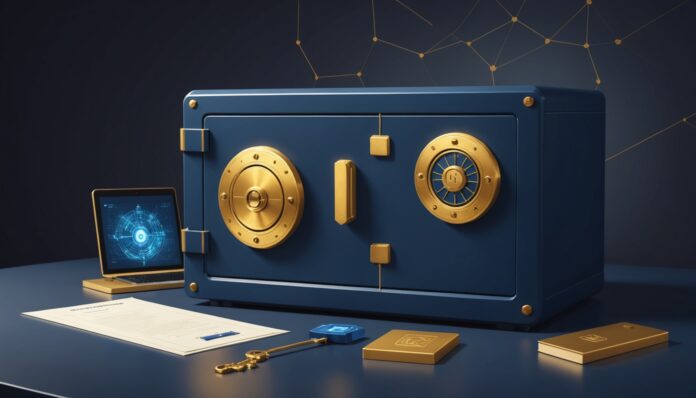 Illustration coffre-fort numérique et clé de succession cryptomonnaies