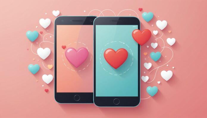 Illustration de deux smartphones connectés symbolisant une rencontre en ligne