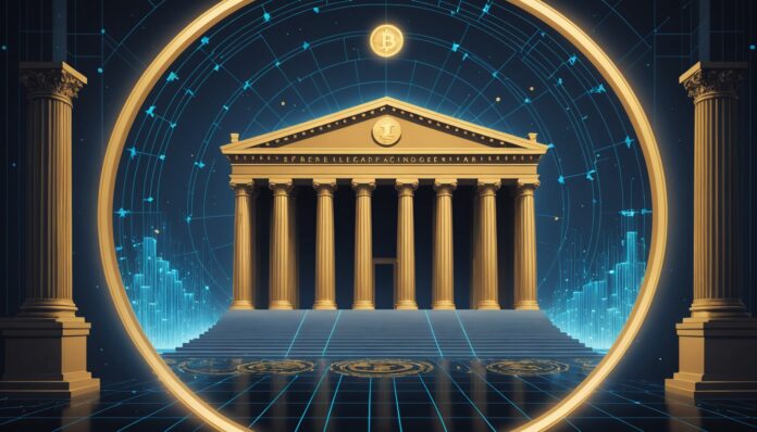 Illustration d'un palais de justice européen et de symboles de cryptomonnaies, fiscalité DAC8