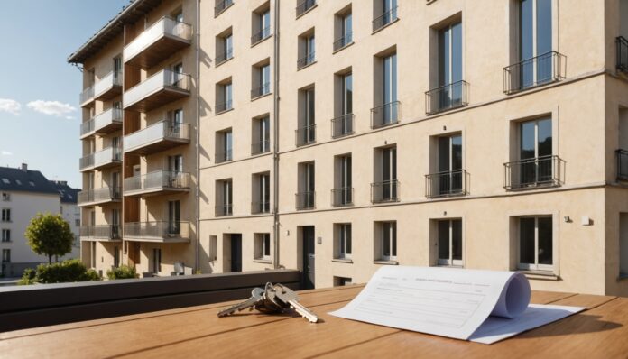 Façade d'immeuble résidentiel avec clés et contrat de bail sur une table