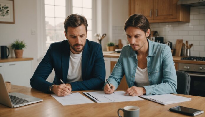 Couple consultant un contrat d'assurance emprunteur pour un prêt immobilier
